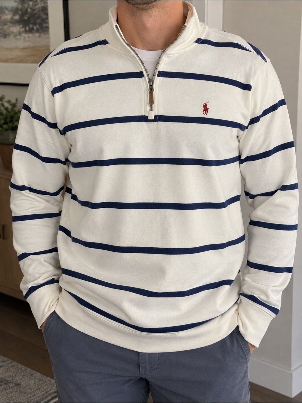 Polo by Ralph Lauren Cream & Navy Striped Quarter-Zip Pullover